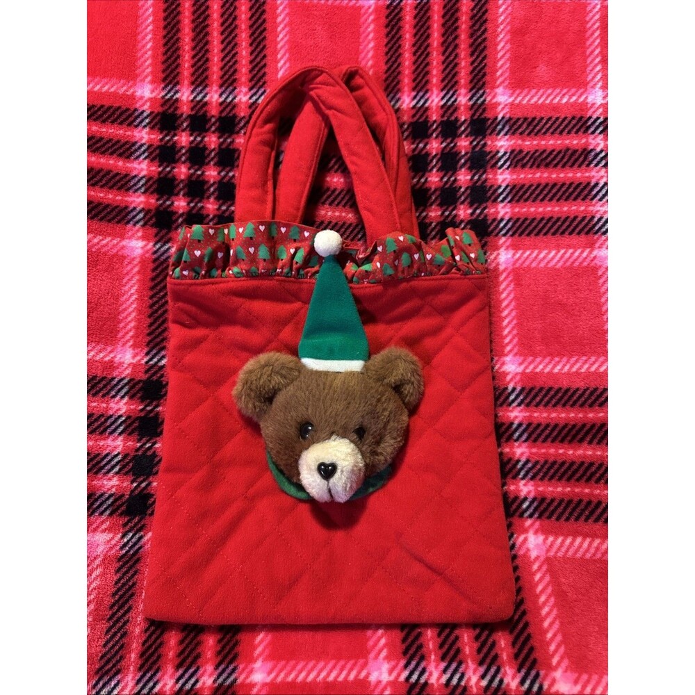 Red Quilted Tote Bag Teddy Bear Ruffles 10X11"